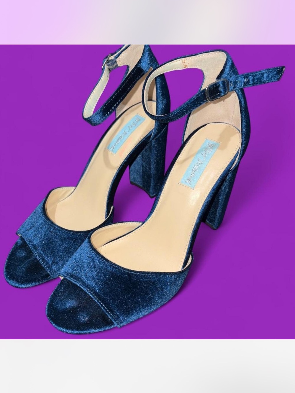 Betsey Johnson Navy Velvet Ankle-Strap Block Heels